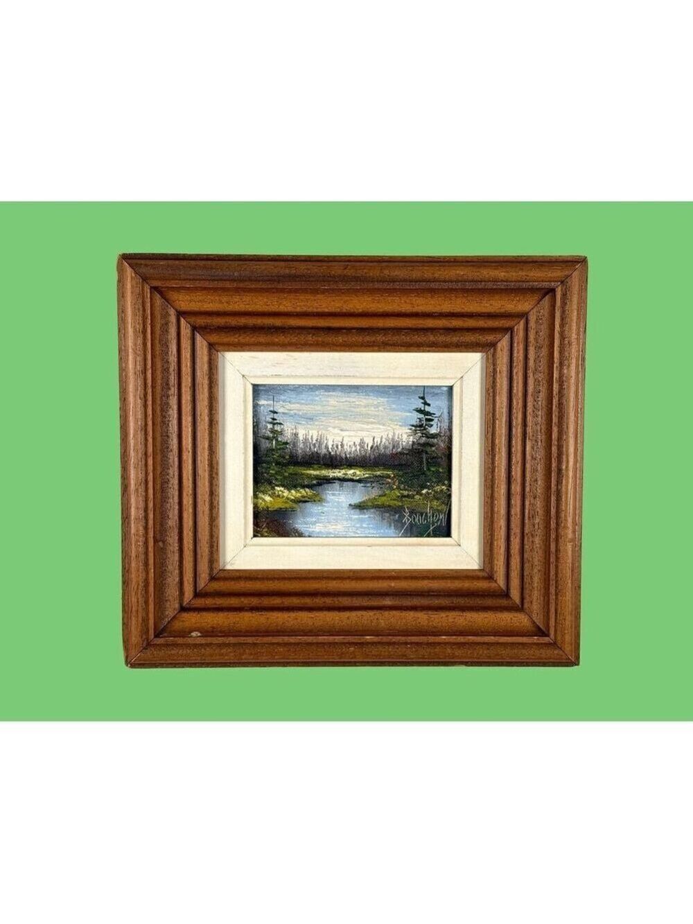 Vintage Miniature Oil Painting Signed Boucher Forest River Landscape Framed Art